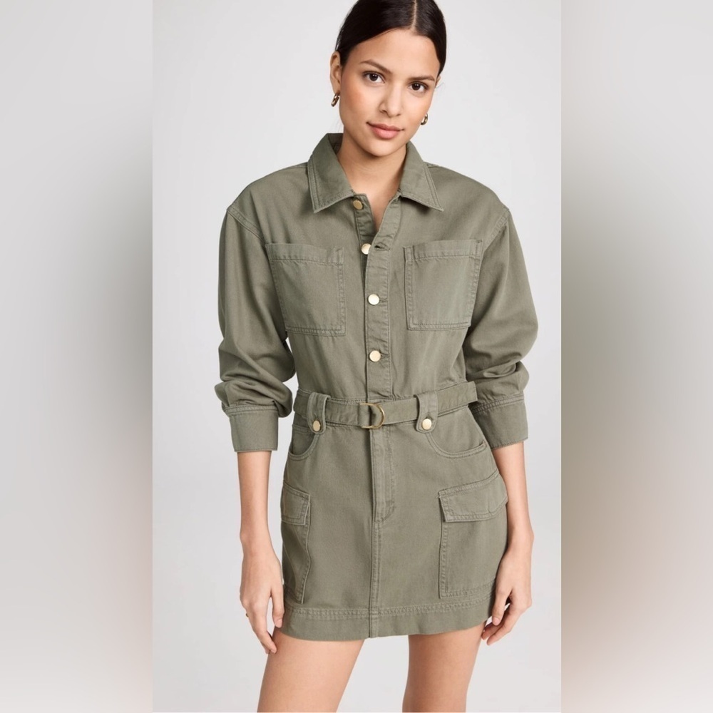 DL1961 Coletta Linen Cotton Denim Utility Mini Dress Cargo Olive Green Size M